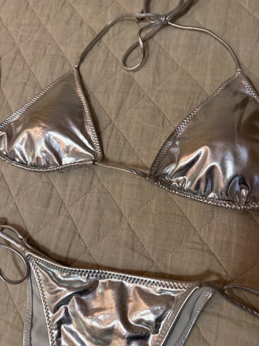 White Fox Metallic Silver Triangle String Bikini – Women's Swim - Picture 2 of 3